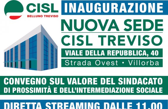 Inaugurazione sede Cisl di Treviso, giovedì 20 giugno diretta streaming dalle 11.00